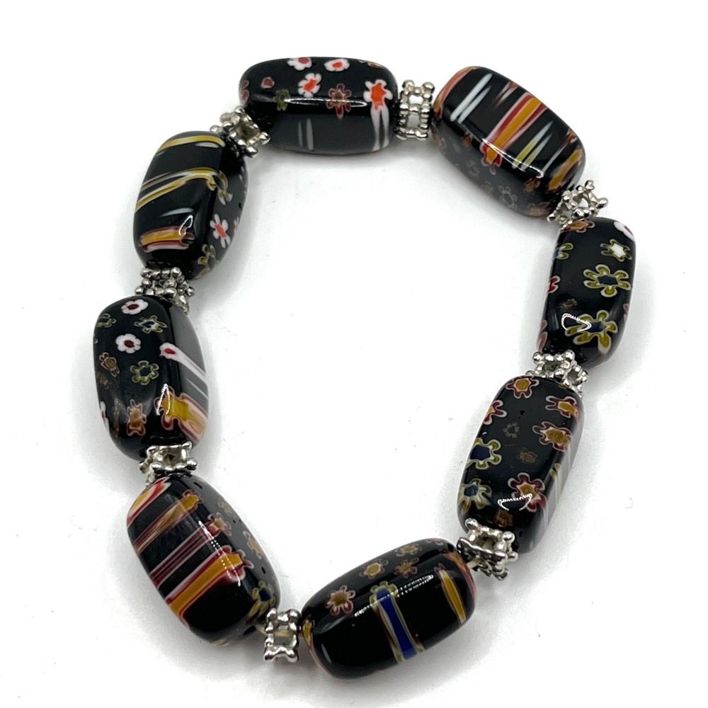 Millefiori Glass Beads Stretch Bracelet Black with Multicolor Floral Design 6.5" - Picture 6 of 7